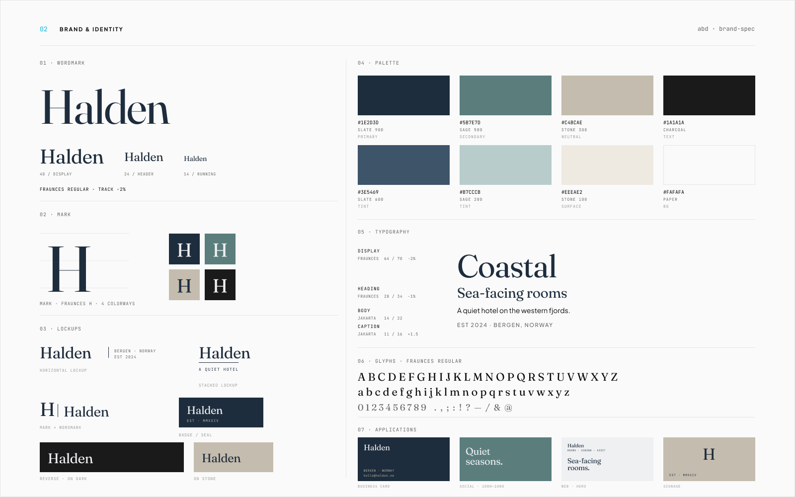 Halden brand spec sheet: wordmark, mark in four colorways, six lockups (horizontal, stacked, mark and wordmark, reverse on dark, on stone, badge seal), eight-color palette of slates, sages, stones, and paper, Fraunces display paired with Plus Jakarta body, and applications across business card, social, web hero, and signage